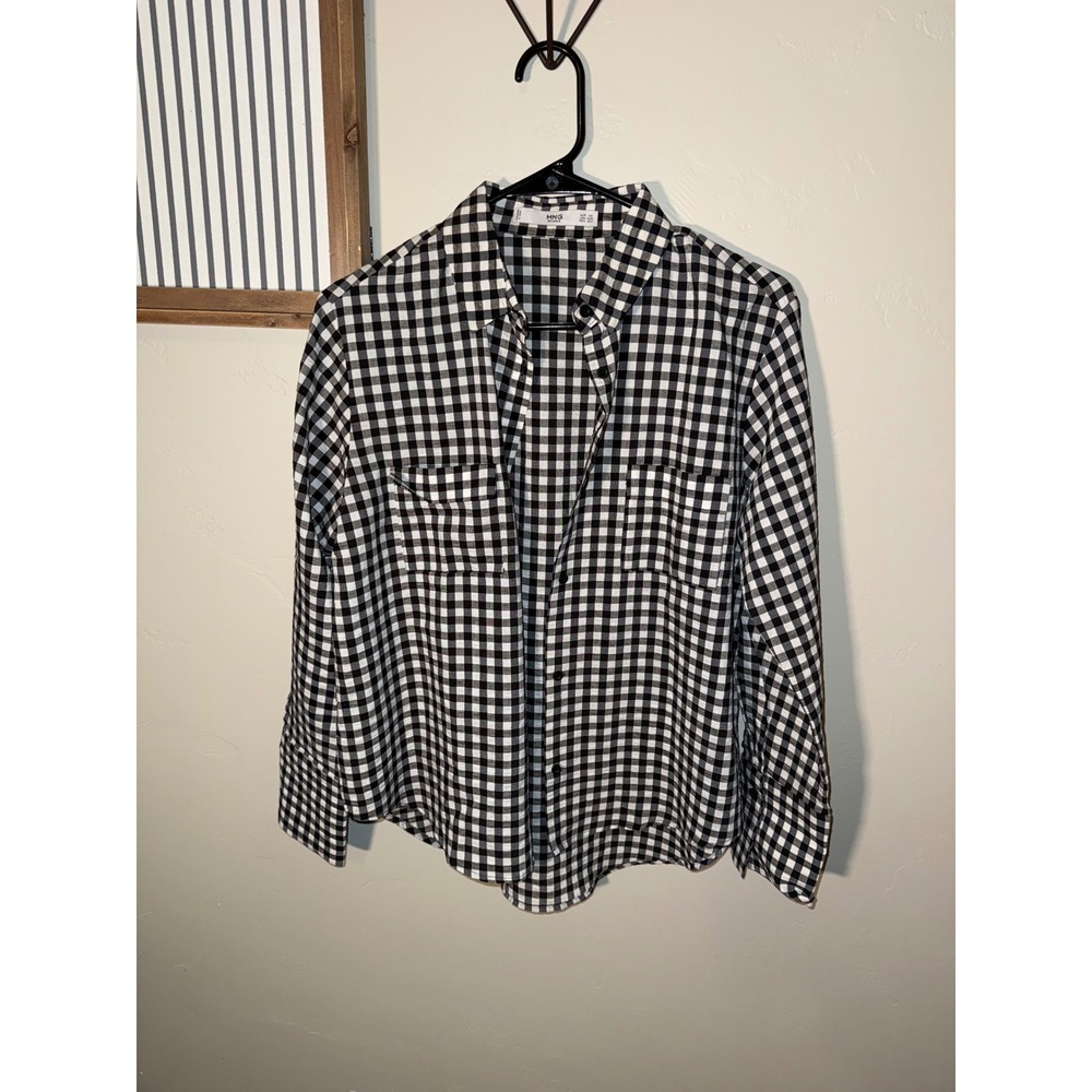 Mango Basics‎ Womens XXS Gingham Button Down Shirt Black White Long Sleeve